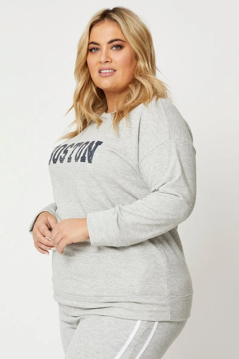 Classic Chic Grey Fleece Sweatshirt Boston Long Sleeve Longline