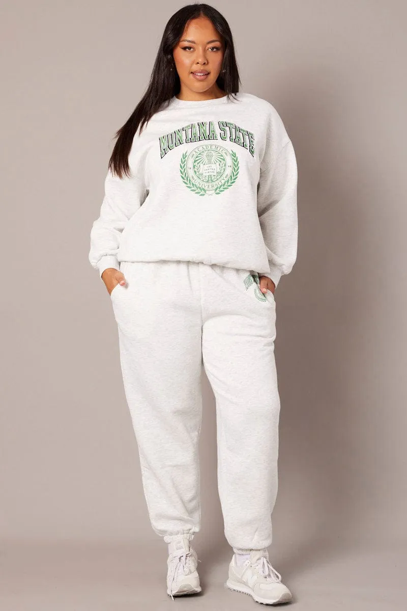 Sporty Wearable lace accents Grey Oversized Sweater Long Sleeve Crew Neck