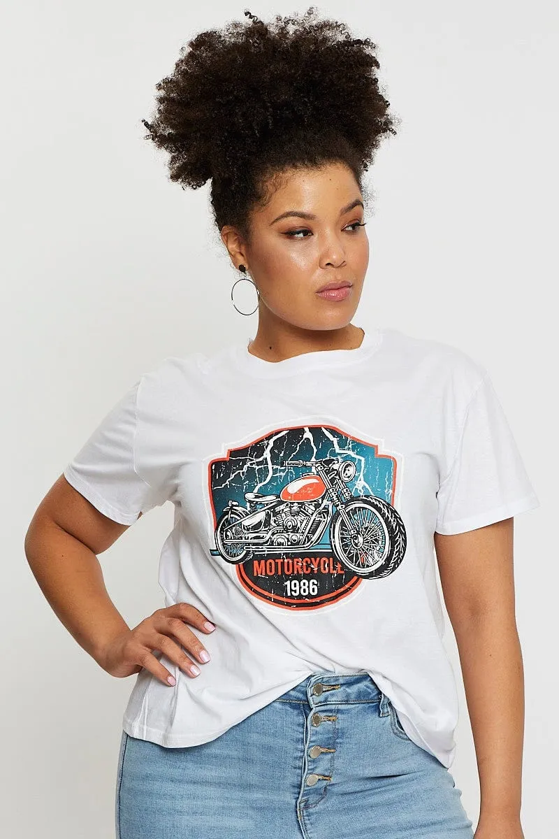 Ultimate Wear Sporty Chic White Graphic T-shirt Motorcycle Short Sleeve Cotton