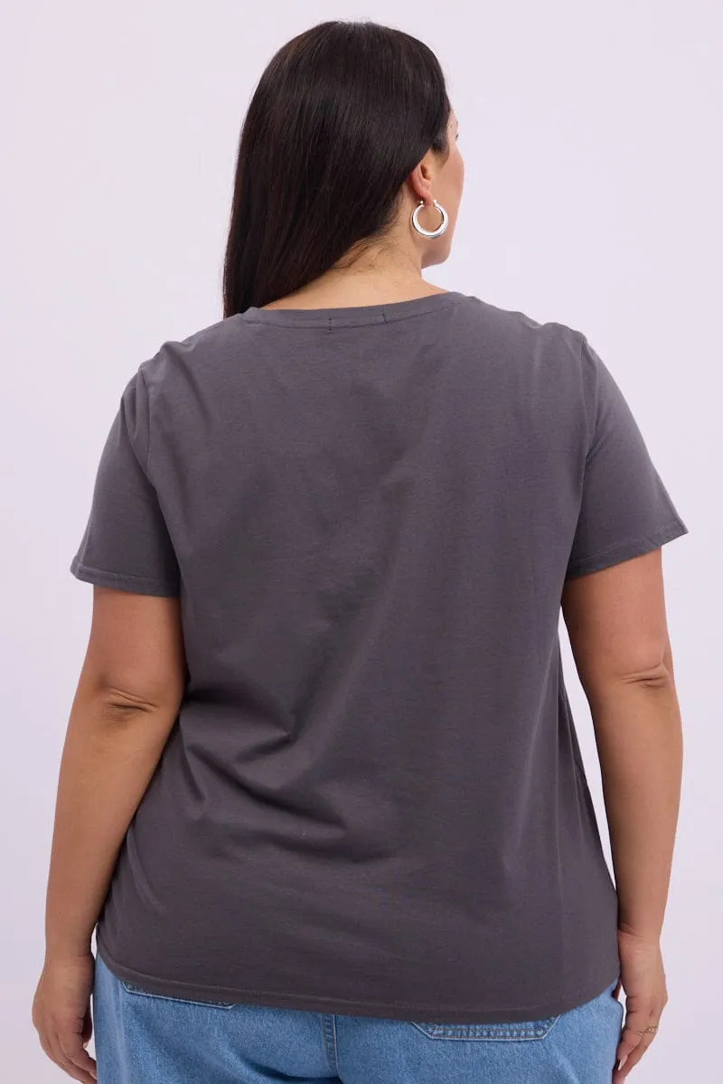 Grey Graphic T Shirt Short Sleeve Crew Neck Friction Free Inner Lining