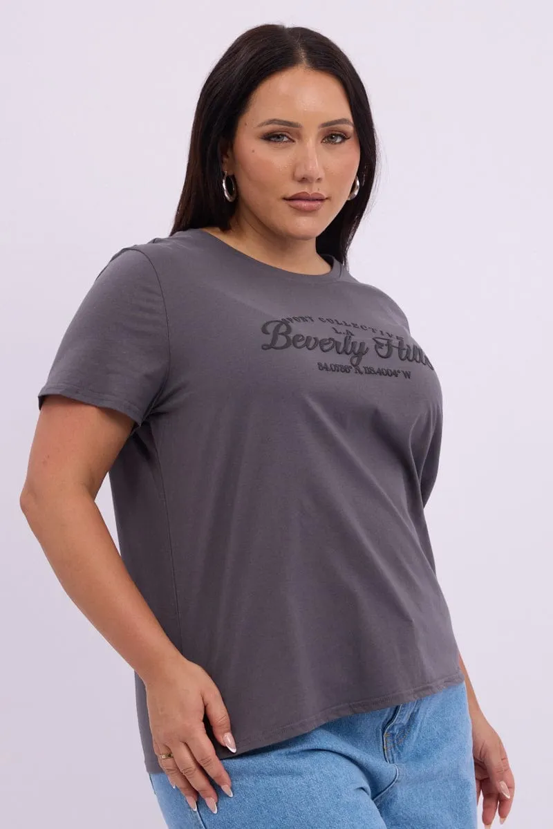 Holiday Casual Grey Graphic T Shirt Short Sleeve Crew Neck