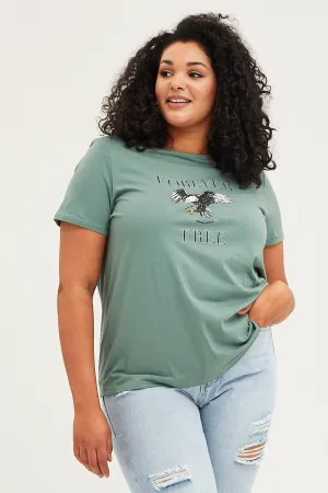 Green Graphic T-shirt Short Sleeve Eagle Print Cotton Recycled Polyester Thread