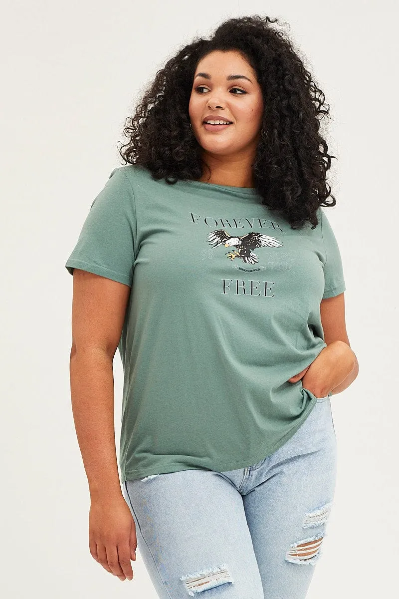 Green Graphic T-shirt Short Sleeve Eagle Print Cotton Recycled Polyester Thread