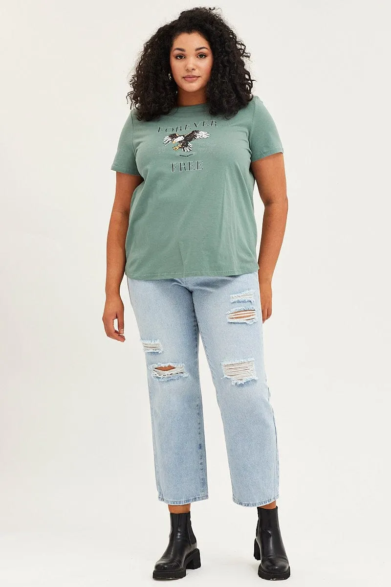 Green Graphic T-shirt Short Sleeve Eagle Print Cotton Eco Friendly Dye Sporty Style