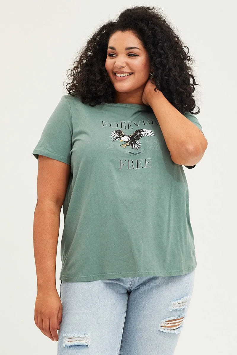 Soft Texture Classic Comfort Green Graphic T-shirt Short Sleeve Eagle Print Cotton