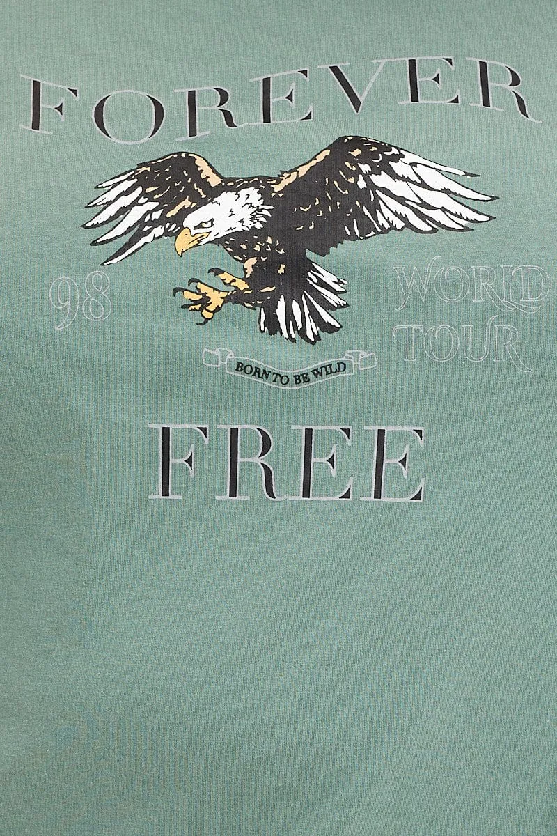 Green Graphic T-shirt Short Sleeve Eagle Print Cotton MinimalistStitching Breathable Design