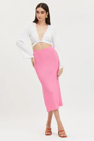 Pink Knit Skirt Midi Side Split Style Layering
