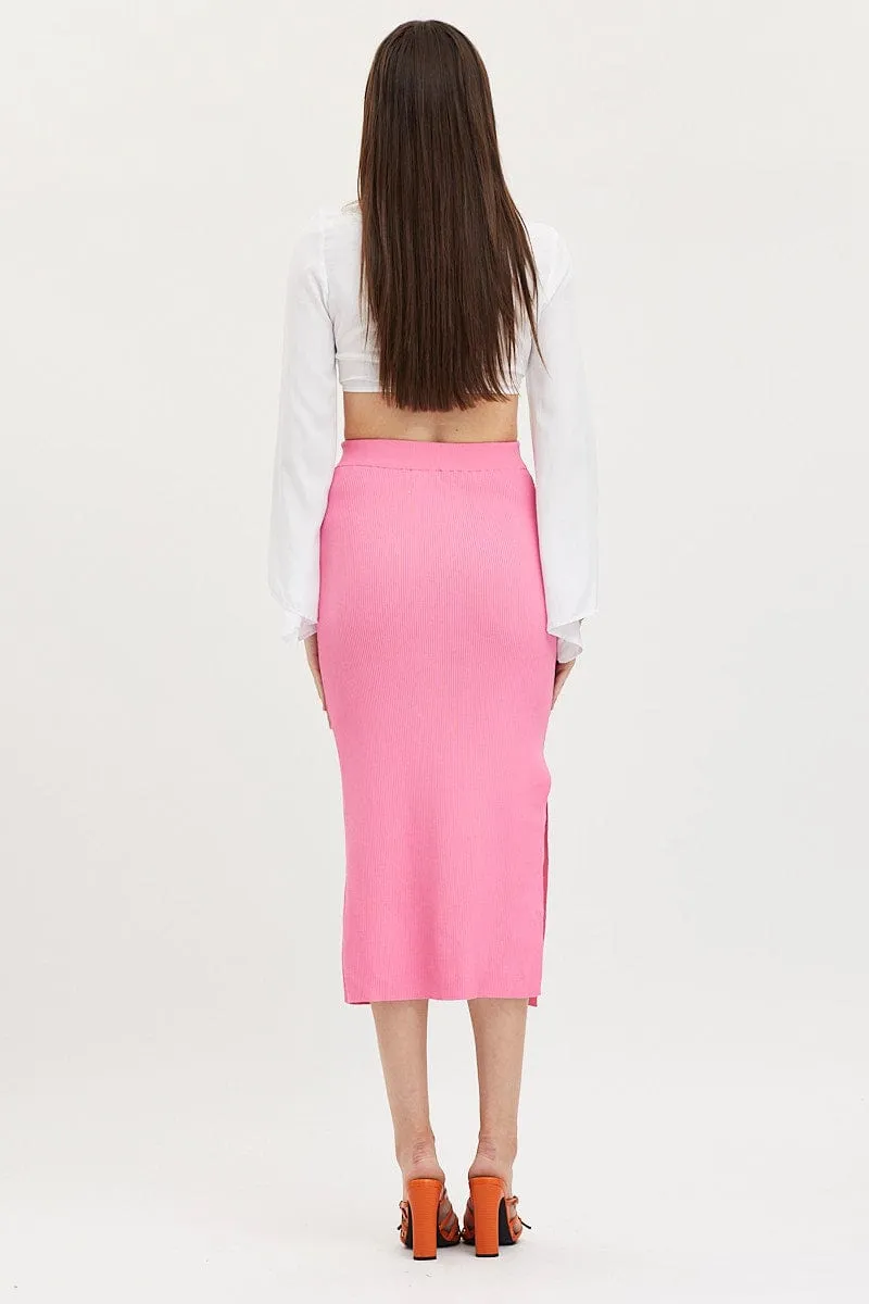 Cotton Rich Pink Knit Skirt Midi Side Split
