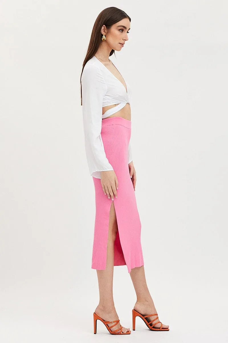 Relaxed Style Pink Knit Skirt Midi Side Split