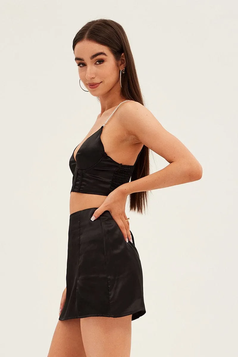 Clean Mood Button Fastenings Black Mini Skirt High Waisted Side Slit Party Satin