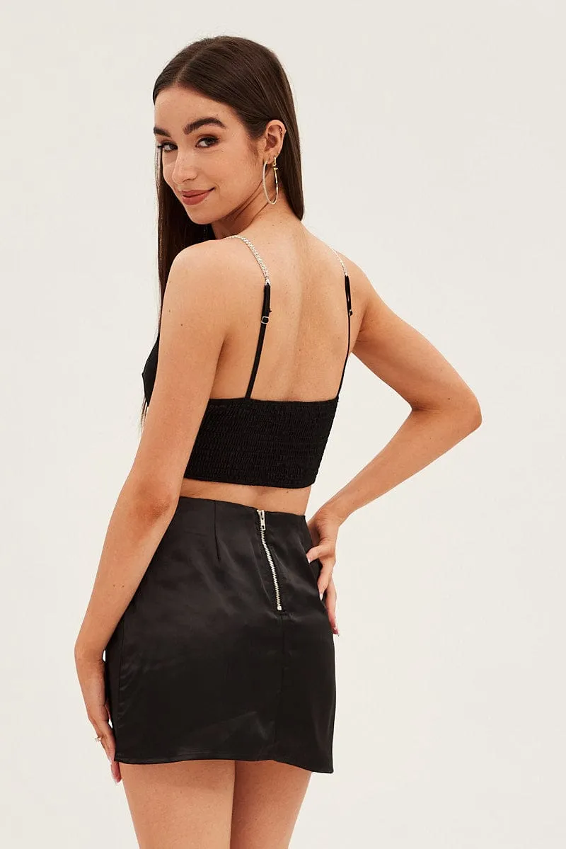 Casual Style Contemporary Brand Black Mini Skirt High Waisted Side Slit Party Satin