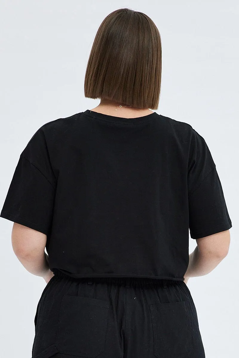 Black Graphic T-shirt Short Sleeve Crew Neck Recycled Polyester Thread Timeless Style