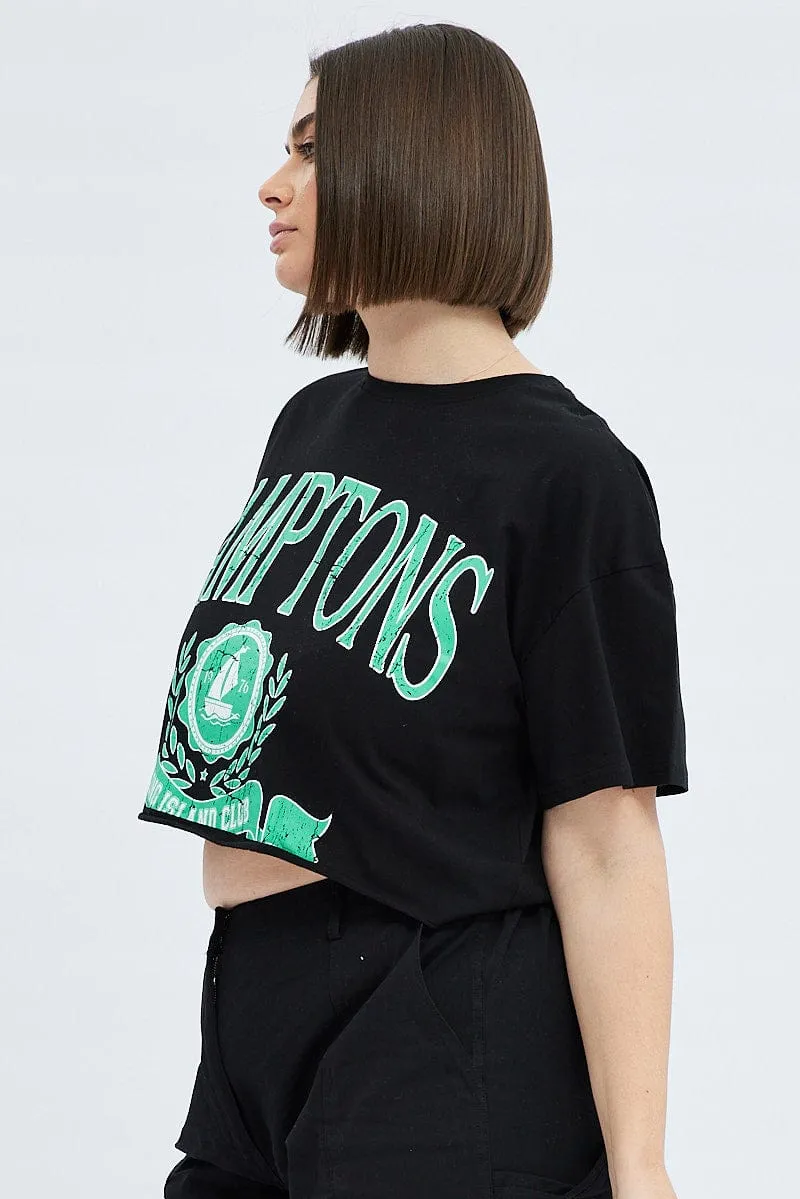 All-Day Wear Black Graphic T-shirt Short Sleeve Crew Neck