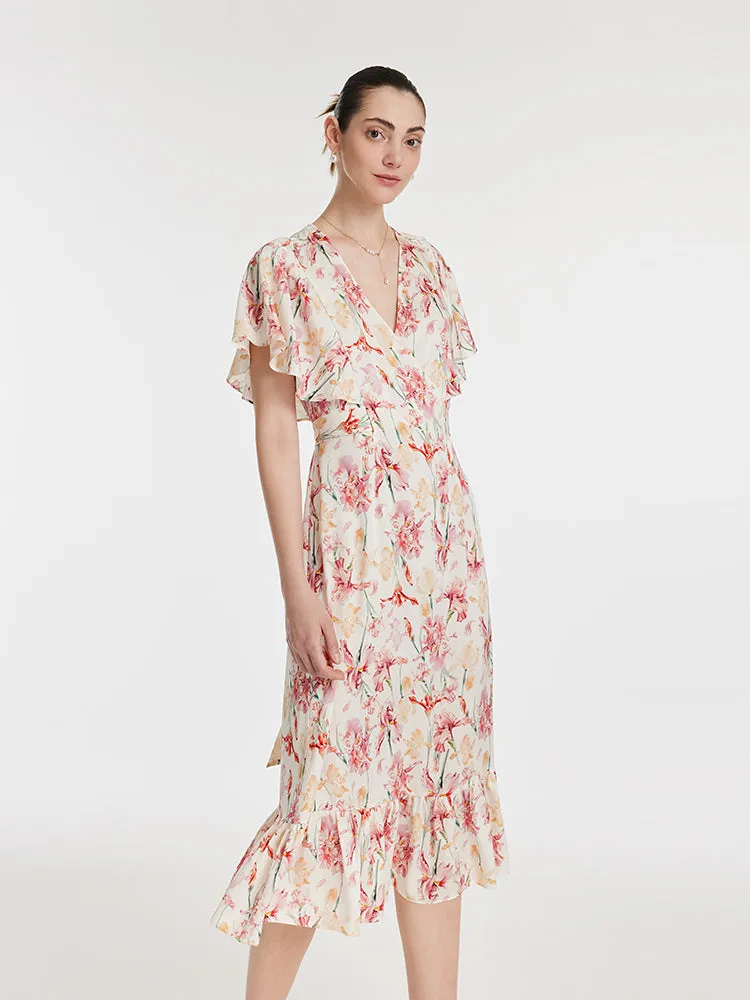 Cotton Soft Port Side 19 Momme Mulberry Silk Iris Print V-Neck Ruffle Tied Women Midi Dress