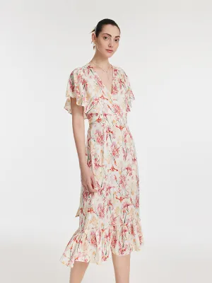 19 Momme Mulberry Silk Iris Print V-Neck Ruffle Tied Women Midi Dress Elegant office dress