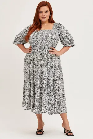 High-waisted midi dress Animal Print Puff Sleeve Midi Dress