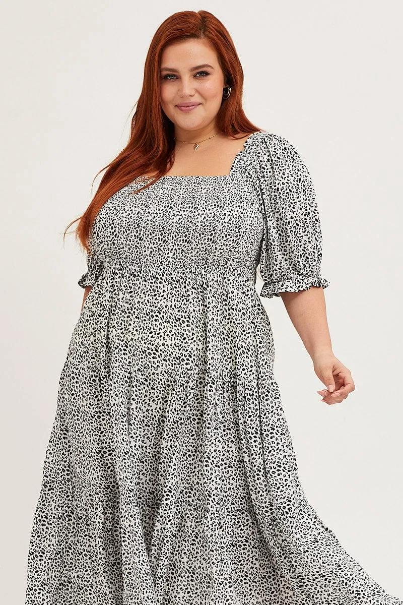 Animal Print Puff Sleeve Midi Dress Stylish below-the-knee gown