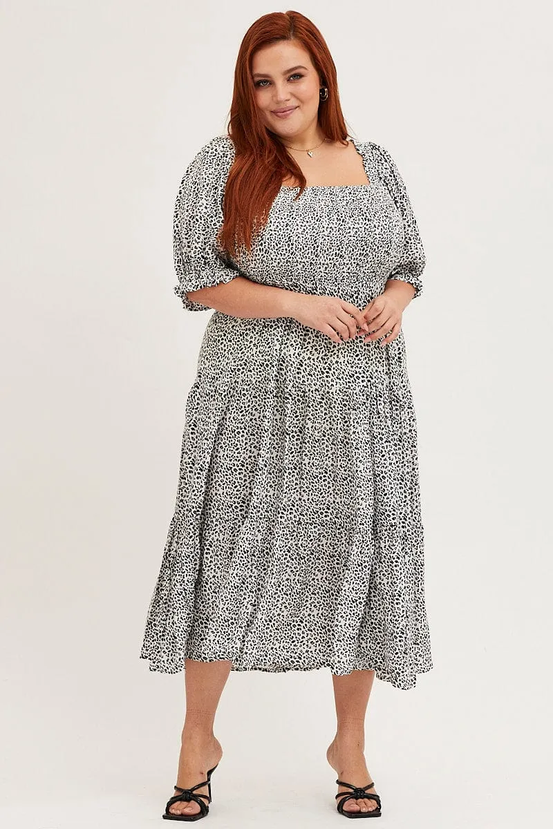 Animal Print Puff Sleeve Midi Dress Young Professional