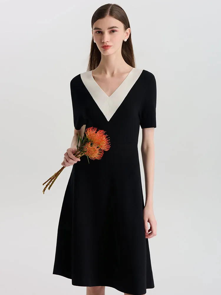 bike lane Grand Entry Contrast V-Neck Slim Knitted Women Midi Dress