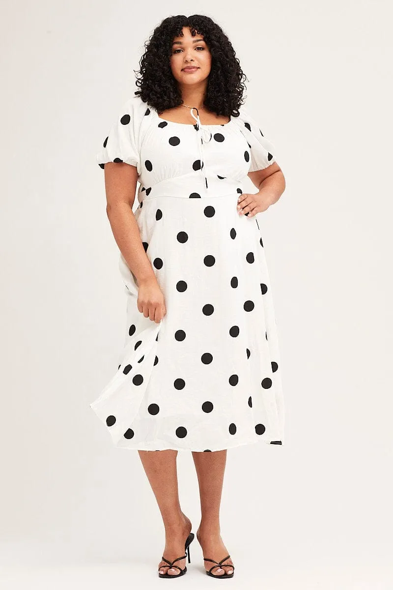 Grace Mood Form Hugging Polka Dot Midi Dress Square Neck Short Sleeve