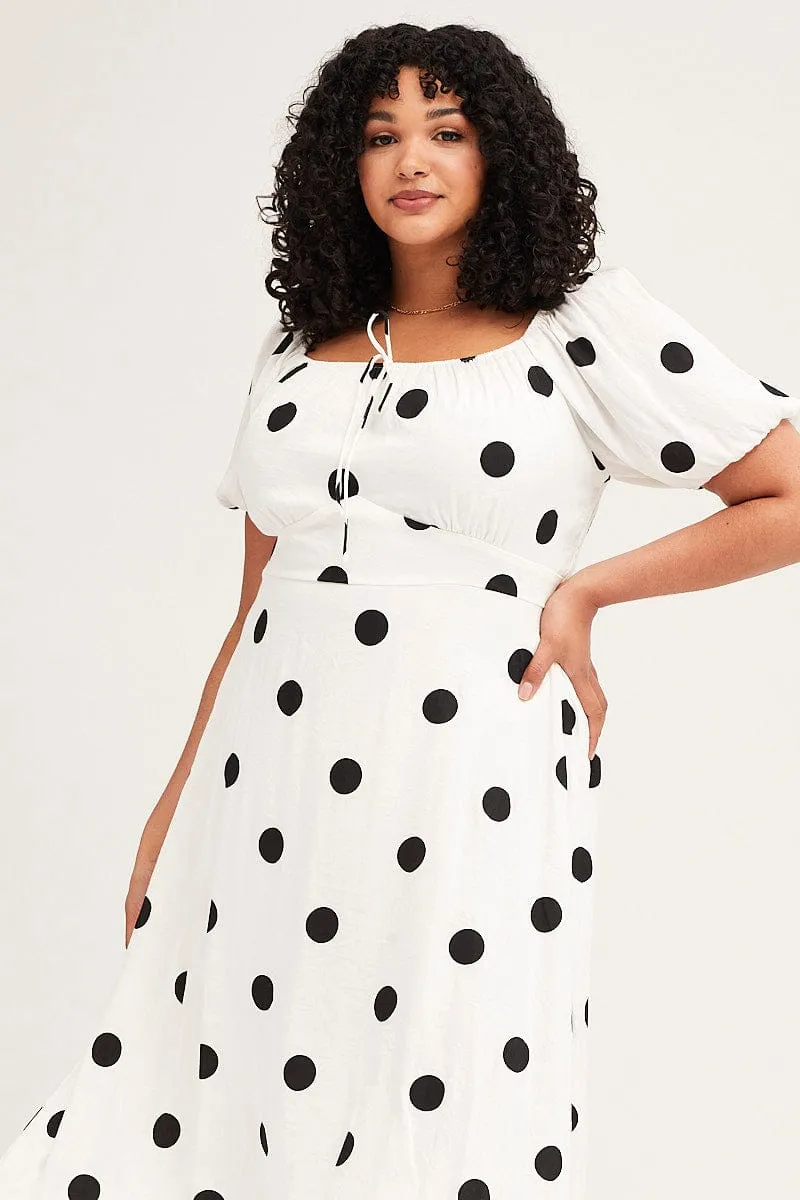 Low Maintenance Polka Dot Midi Dress Square Neck Short Sleeve