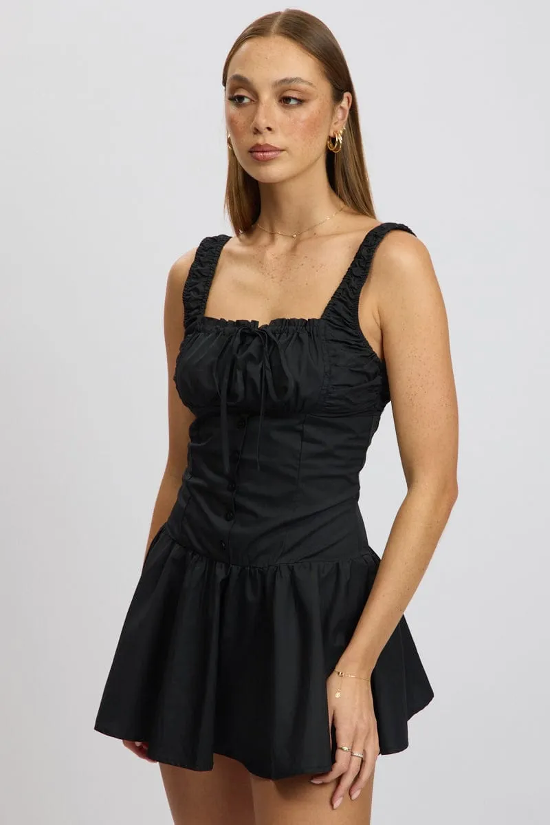 Scene Soft Light Reflective Black Mini Dress Drop Waist Poplin