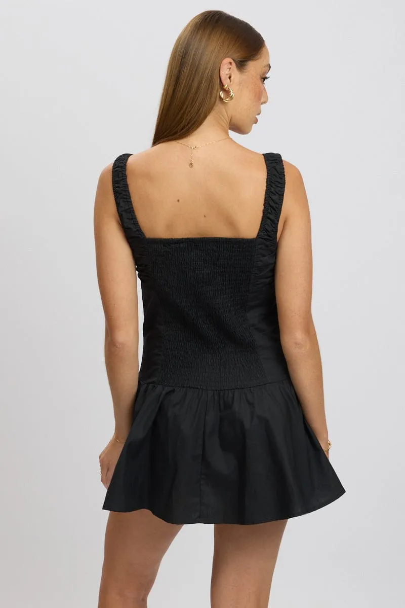 Party Ready Flirty off-the-shoulder mini Black Mini Dress Drop Waist Poplin