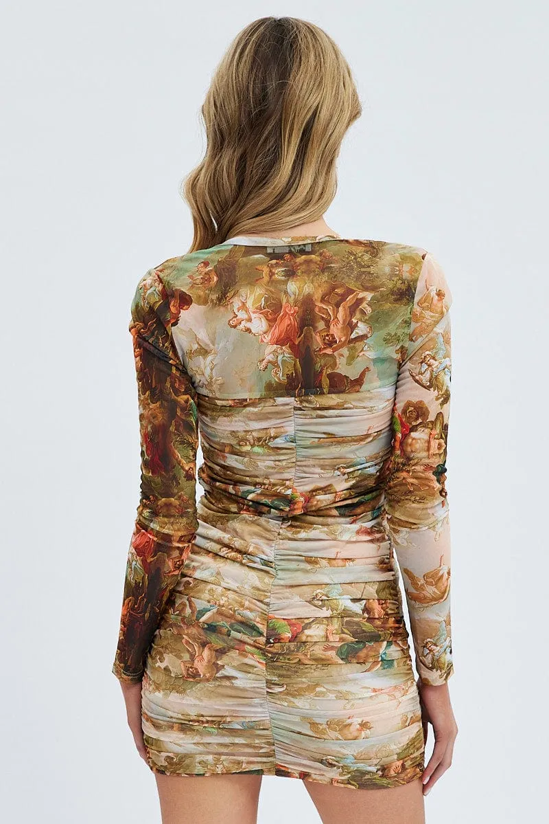 Bohemian Look Butterfly Sleeve Option Multi Print Mini Dress Long Sleeve Square Neck Bodycon Mesh