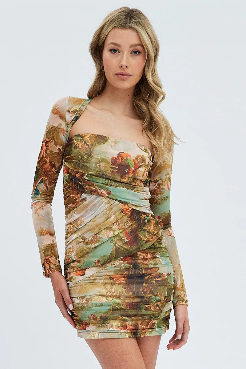 Casual Design Multi Print Mini Dress Long Sleeve Square Neck Bodycon Mesh