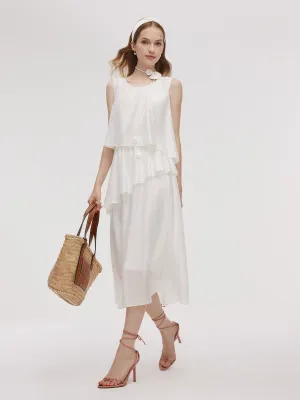 Tencel Blend Ruffle Women Tiered Sleeveless Midi Dress Sea View