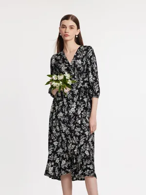Glass Glow Camellia Print V-Neck Ruffle Hem Women Midi Wrap Dress