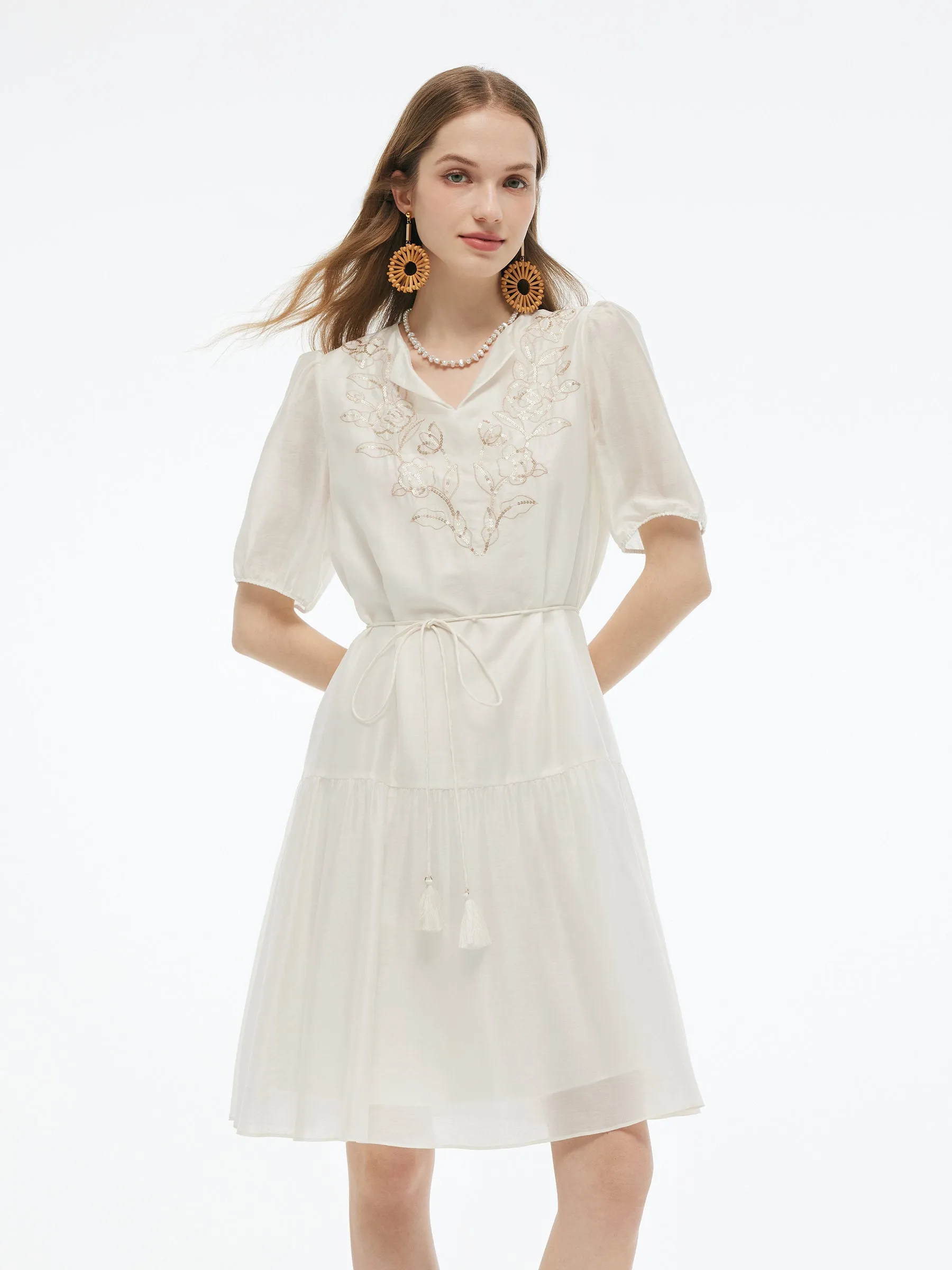 Tencel Blend Sequins Embroidered Women Midi Dress With Tie String Belt slow life Bazaar Lane