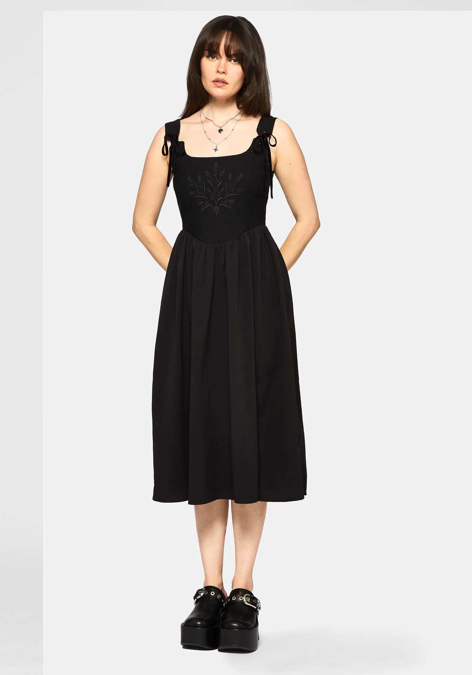 Cybele Embroidered Front Corset Bodice Midi Dress Plaza Walk