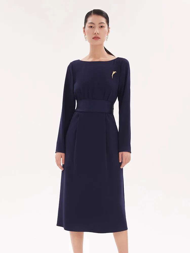 Triacetate Slim Midi Dress With Brooch Comfortable chic
