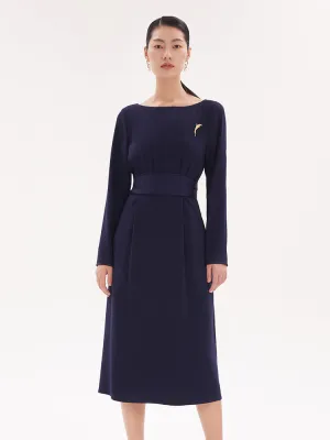 Elegant Look Comfy All Day Triacetate Slim Midi Dress With Brooch