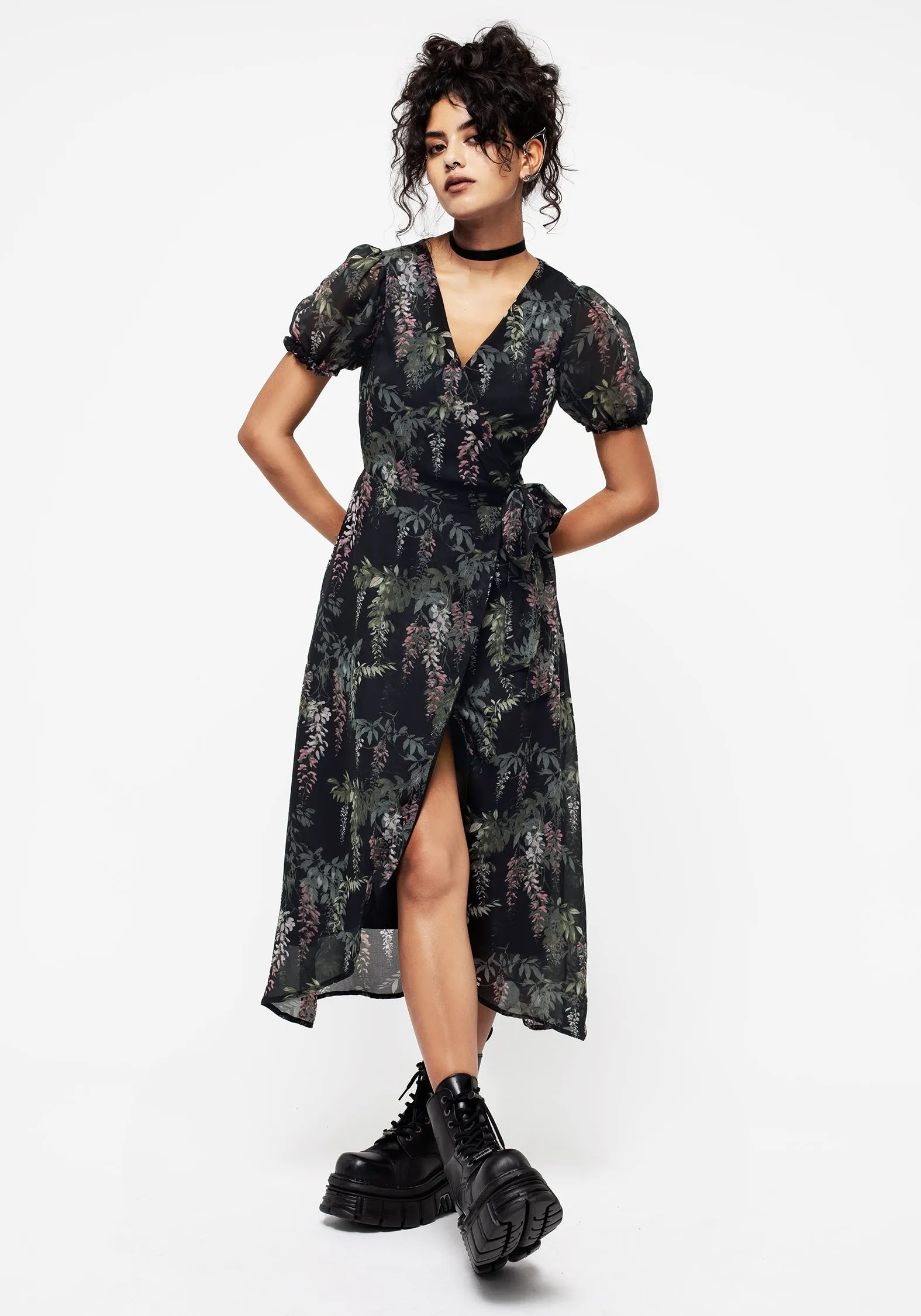 Feminine stylish midi Weekend Brunch Wisteria Floral Print Chiffon Midi Wrap Dress
