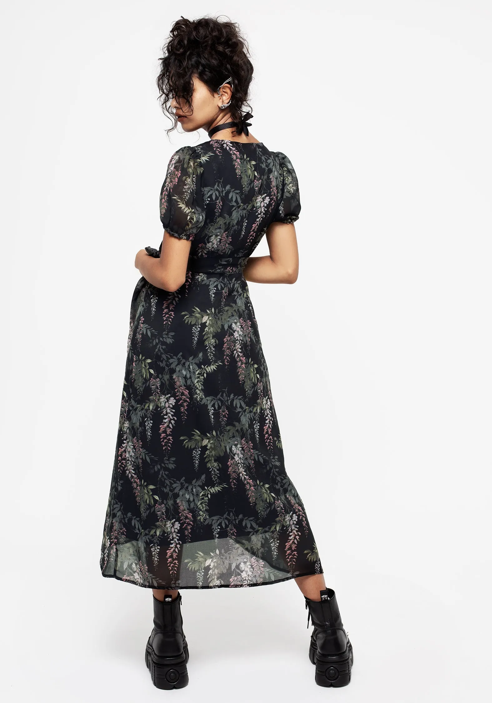 Classy Attire Polished Wardrobe Wisteria Floral Print Chiffon Midi Wrap Dress