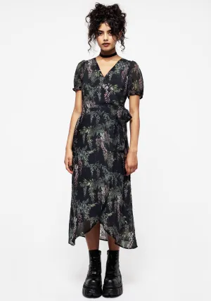 Wisteria Floral Print Chiffon Midi Wrap Dress Sunset Glow Modern Muse