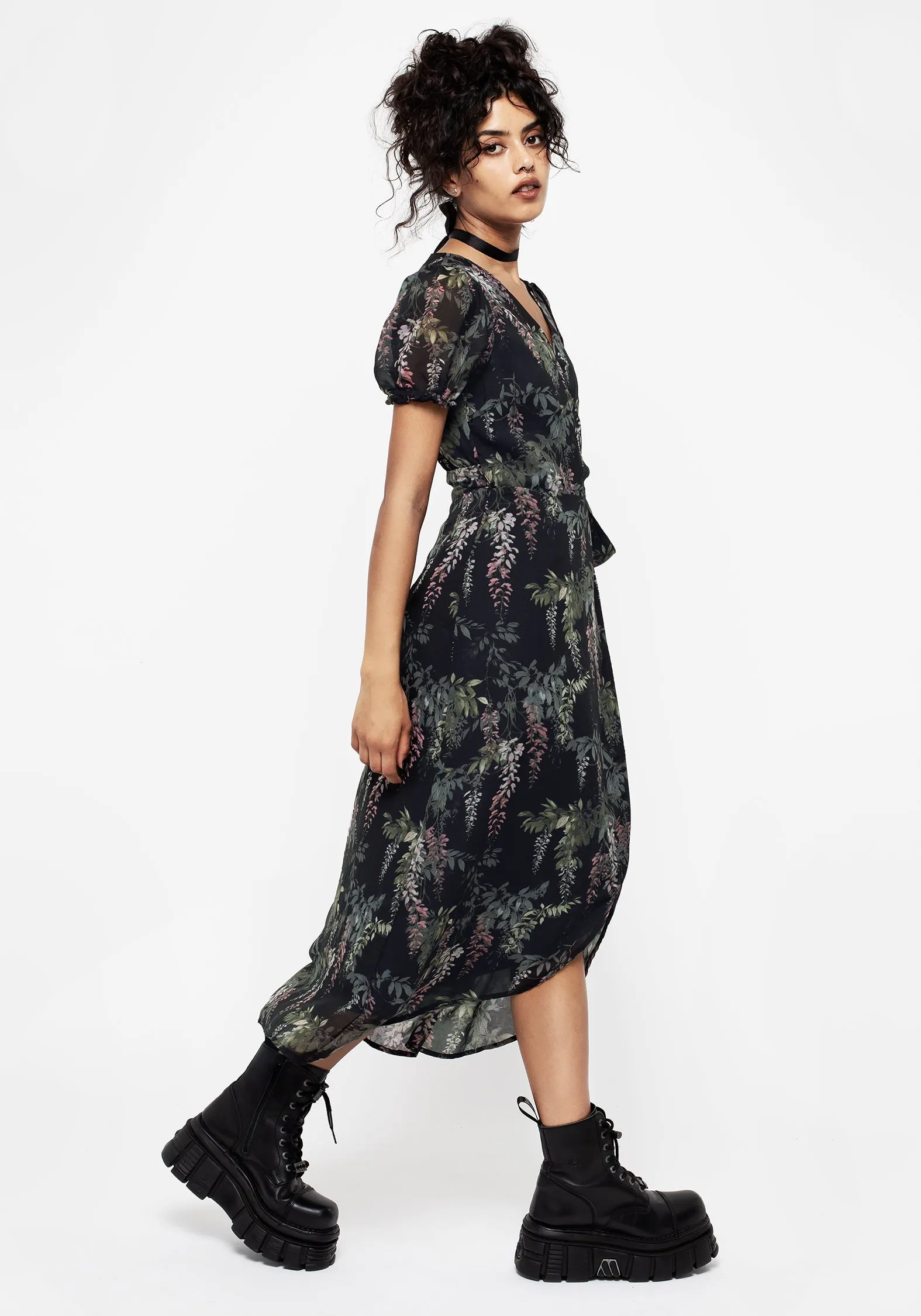 Trendy Pieces Wisteria Floral Print Chiffon Midi Wrap Dress