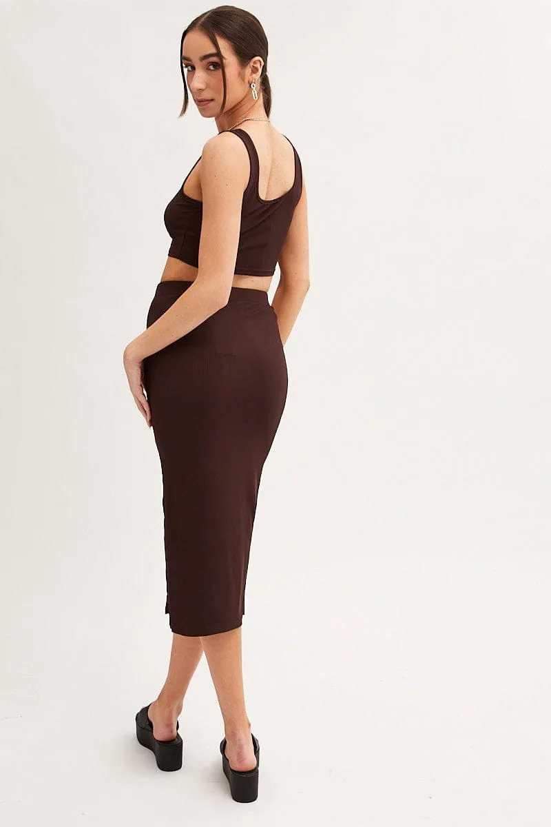 Brown Midi Skirt Front Split Jersey Reinforced Pockets Tonal Look