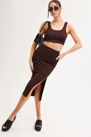 Statement Color Date night Brown Midi Skirt Front Split Jersey