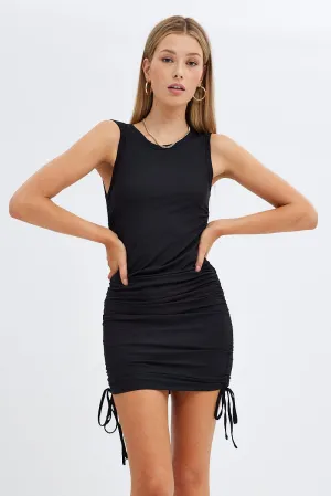 Eye Candy Eco Friendly Material Black Mini Dress Sleeveless Side Ruched Bodycon