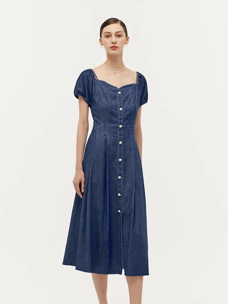 Lyocell Denim Gathered Waist Stretch Women Midi Dress Haze Light Elegant Mom