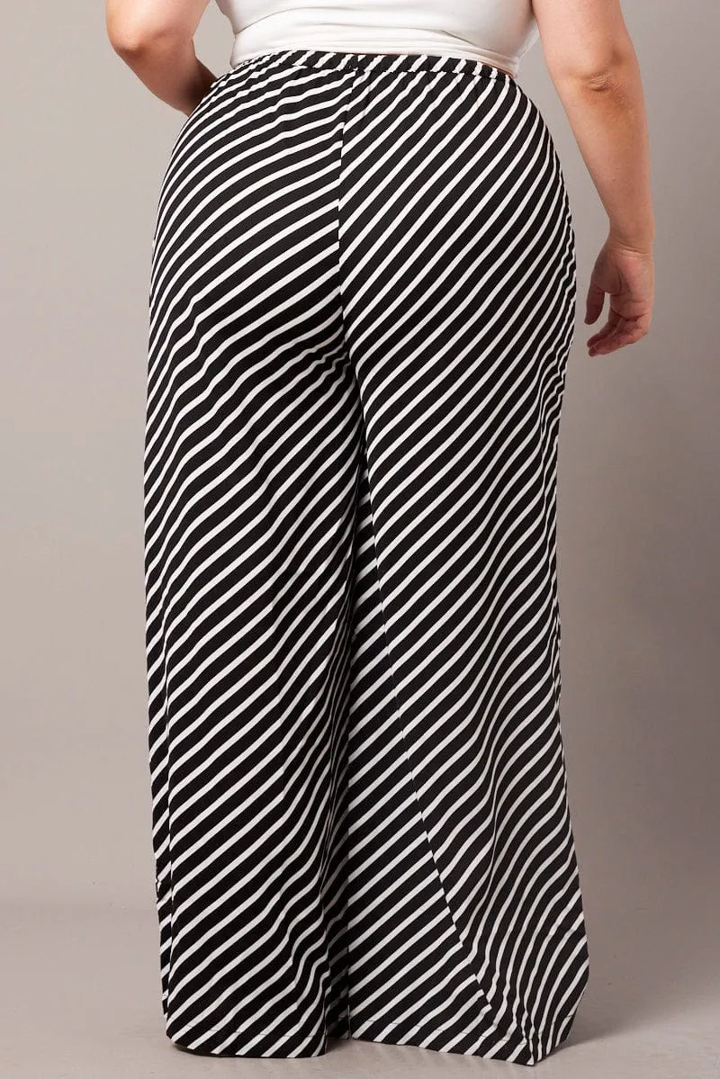 Black Stripe Wide Leg Pants High Rise Wear Resistant Fabric DurableBartack