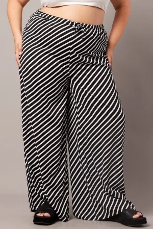 Black Stripe Wide Leg Pants High Rise Snag Resistant Fabric