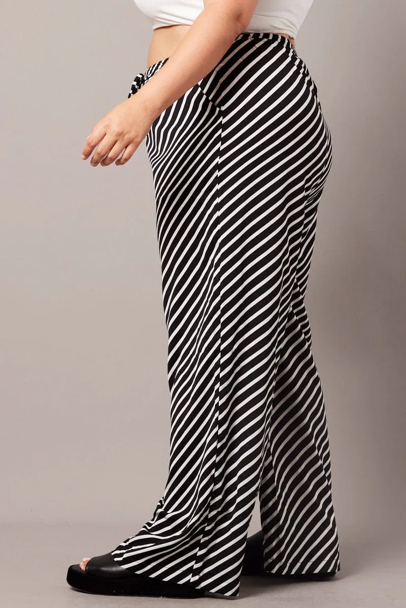 Black Stripe Wide Leg Pants High Rise Stretchable Design Cozy Stretch
