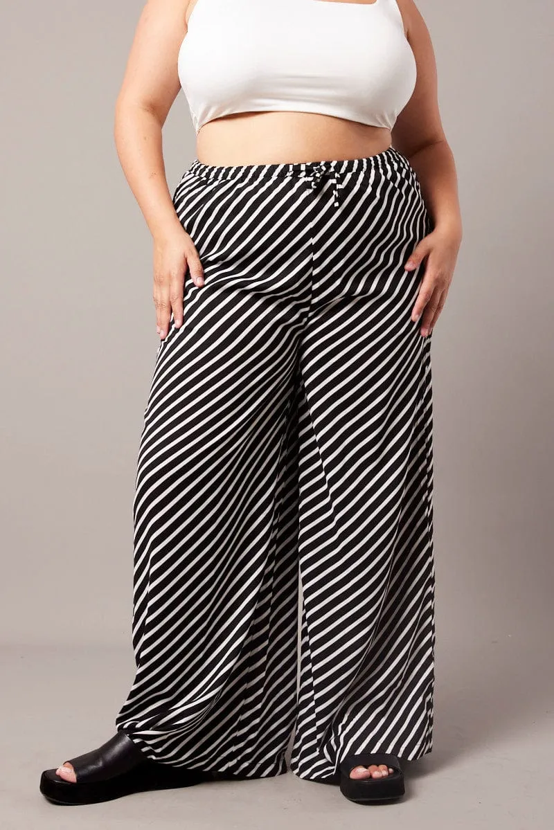 Black Stripe Wide Leg Pants High Rise Multi Pocket System All Season Versatility