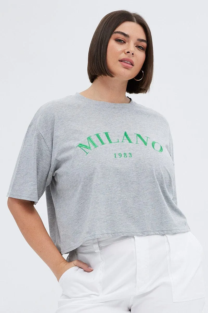 Grey Embroidered T-shirt Milano Crop Cotton Jersey All-day Comfort