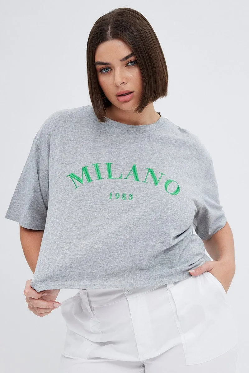 Grey Embroidered T-shirt Milano Crop Cotton Jersey Non Irritating Seams Layered Sleeve