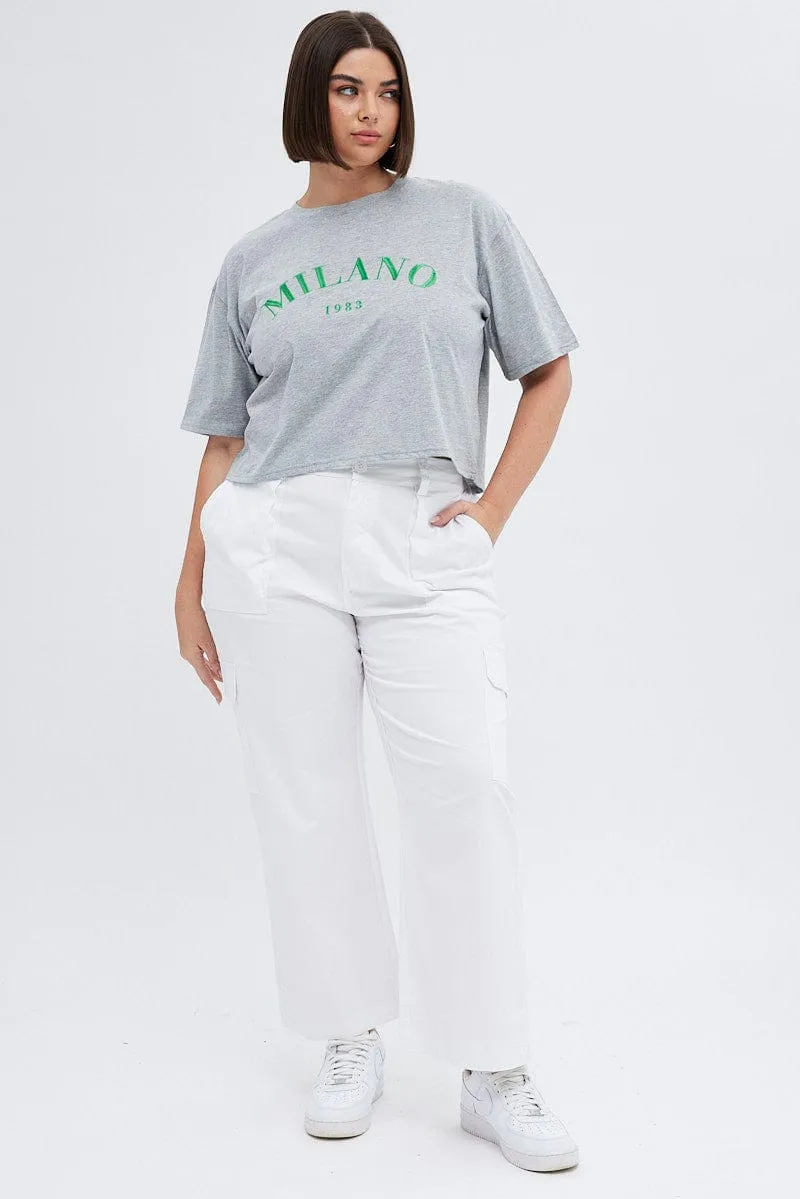 Crew neck classic Fashionable Piece Grey Embroidered T-shirt Milano Crop Cotton Jersey